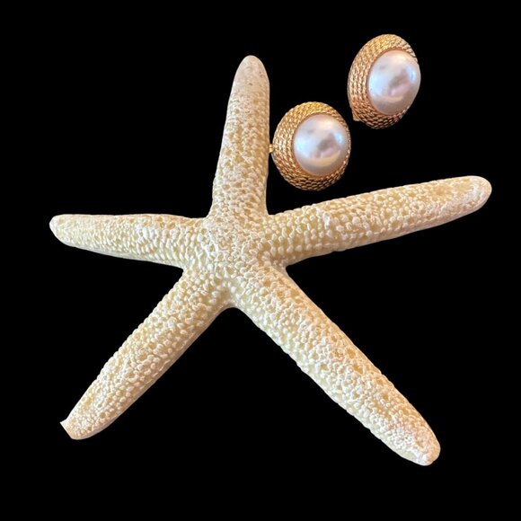 Napier Signed Faux Pearl Screw Back Clip On Earrings Gold Tone Rope Vintage - Picture 2 of 5